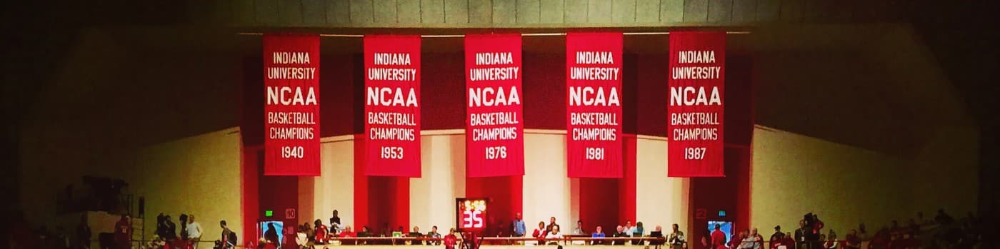 Indiana University basketball championship banners inside Assembly Hall.